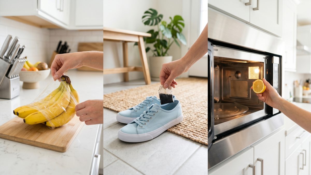 Berbagai life hack sederhana dilakukan oleh tangan-tangan, termasuk membungkus tangkai pisang, memasukkan kantung teh ke sepatu, dan membersihkan microwave dengan lemon.